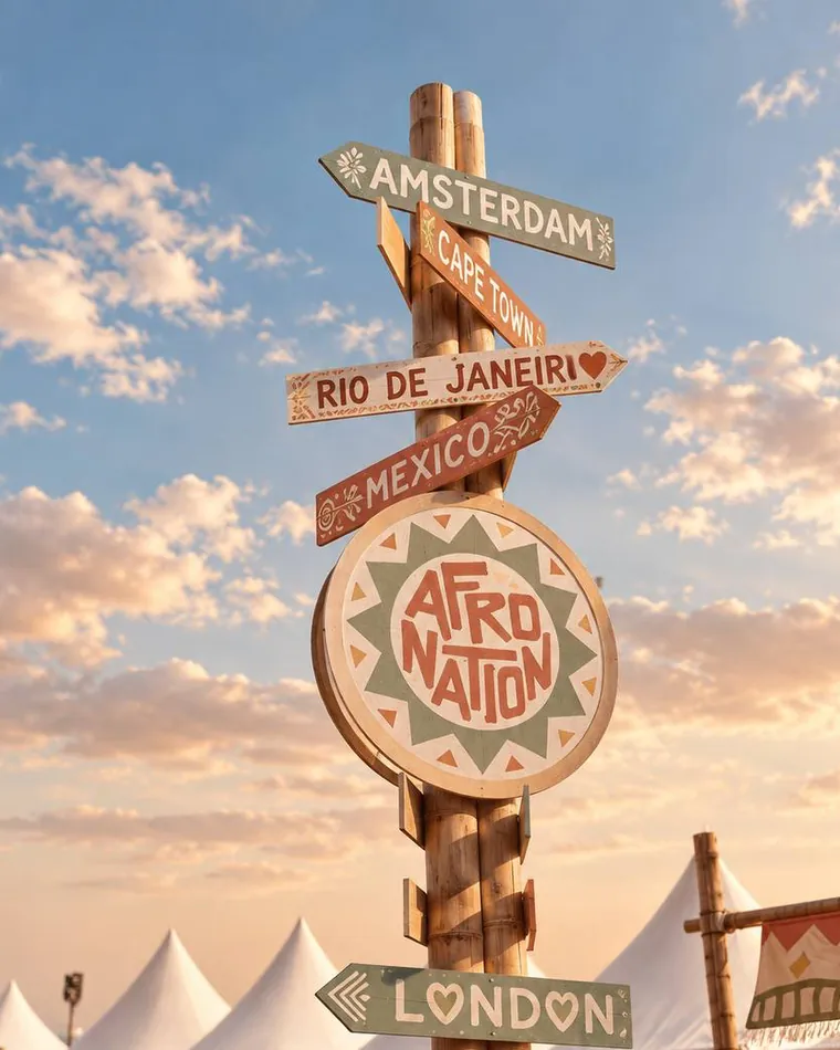 Le panneau indicateur du festival Afro Nation, au coucher du soleil