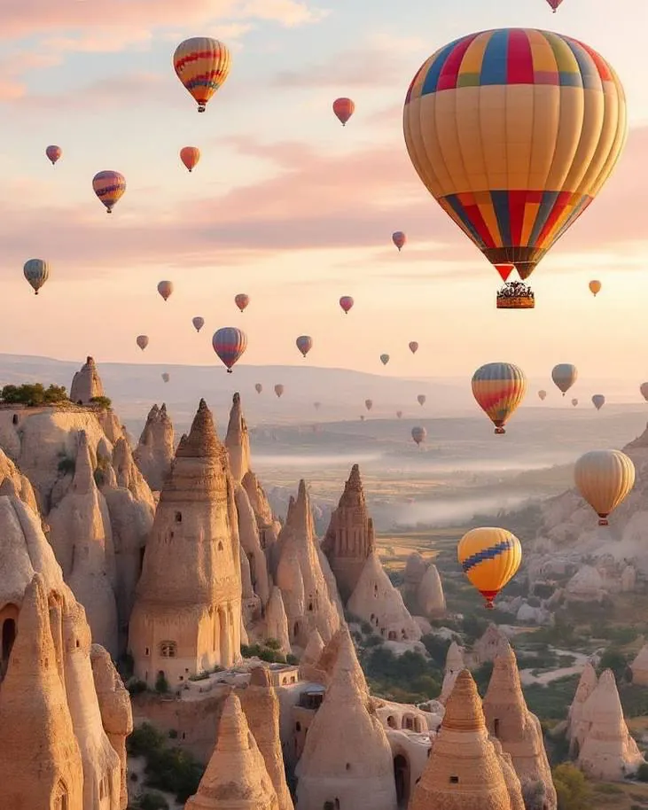 Montgolfières au lever du jour au-dessus de la Cappadoce