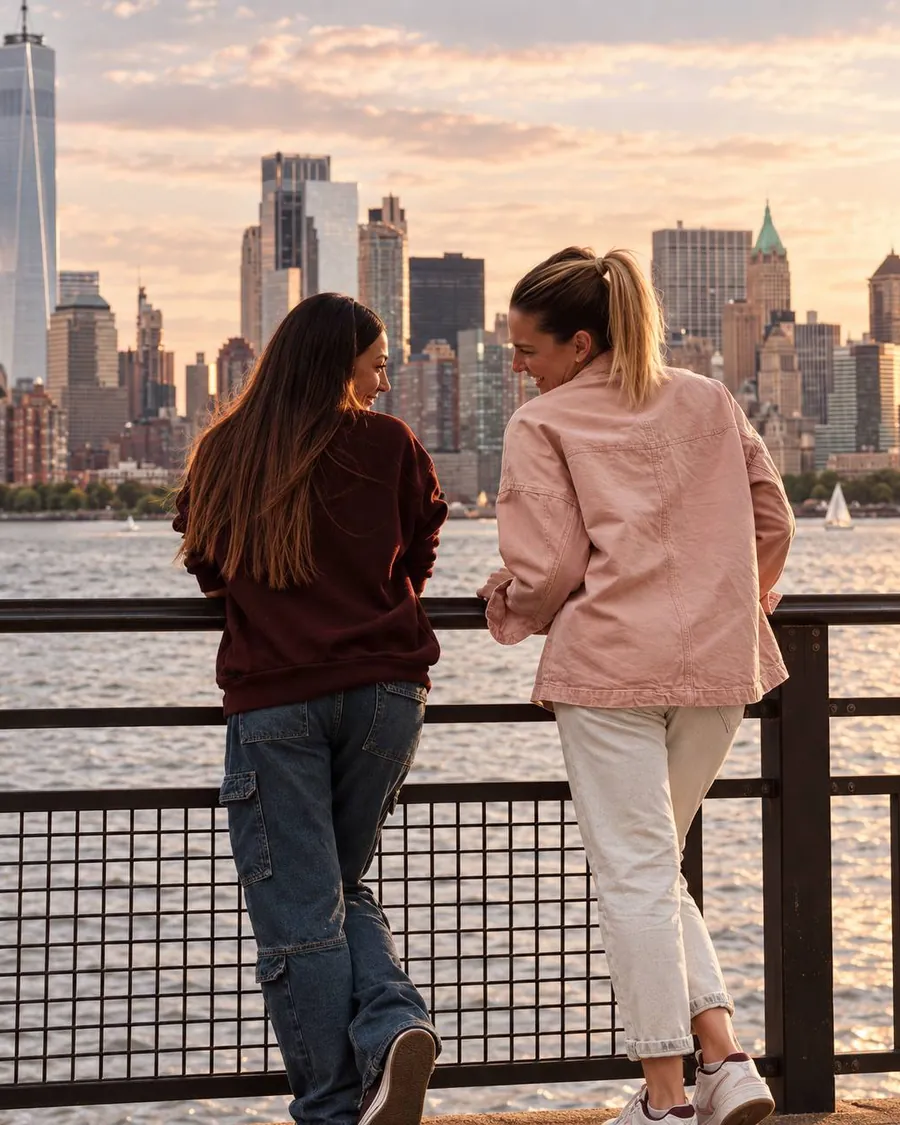 Deux vadrouilleuses face à la skyline de New York au coucher du soleil